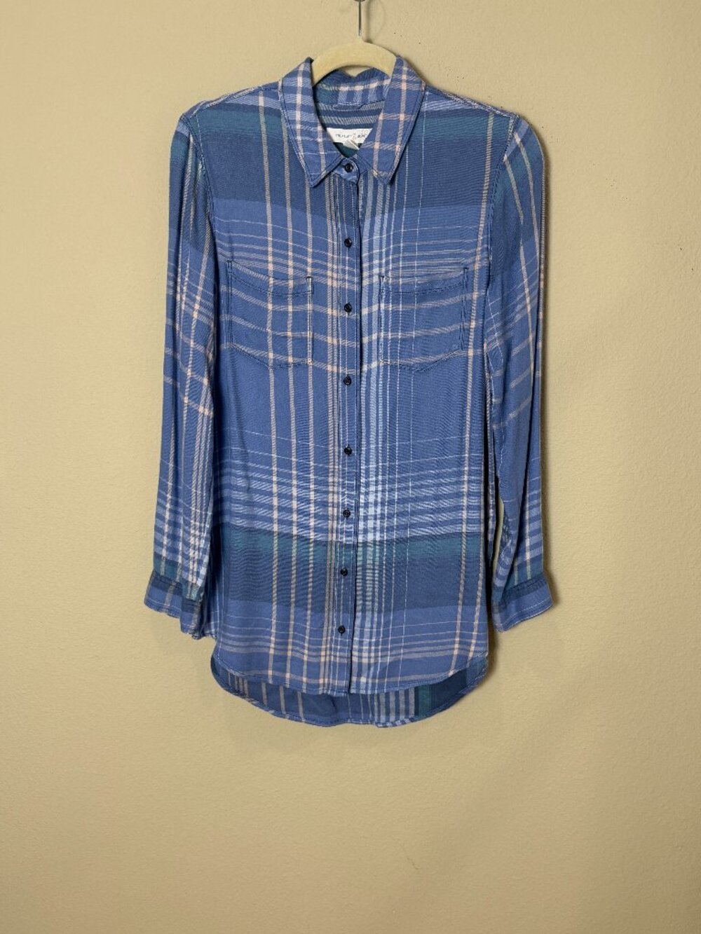Treasure & Bond Slinky Blue Plaid Button Down Top Shirt Long Sleeve Size XS
